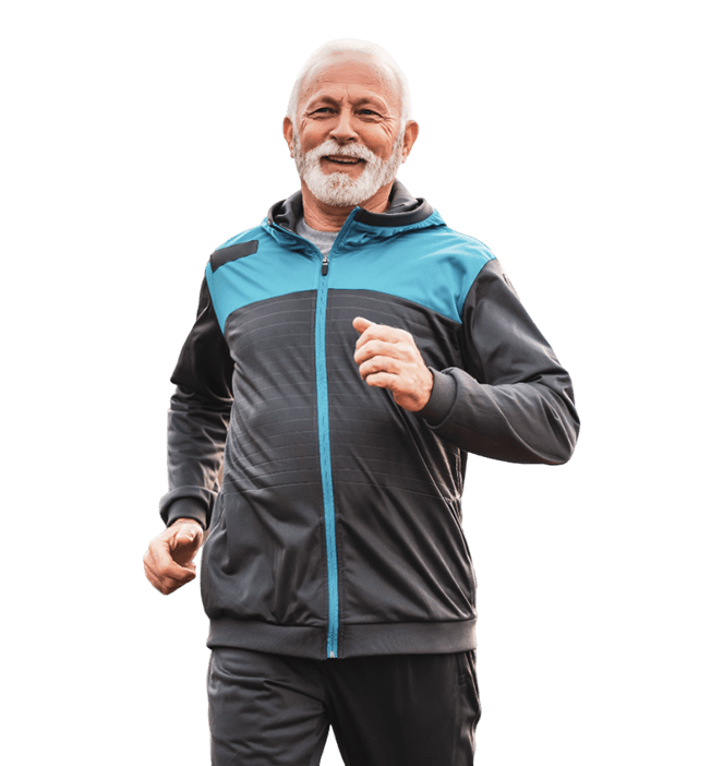 Smiling senior man jogging outdoors.